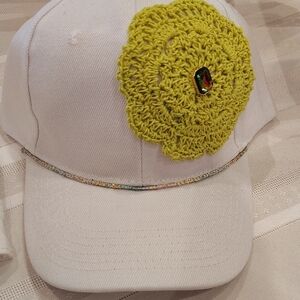 Green and White Hat with Textured Floral Accent